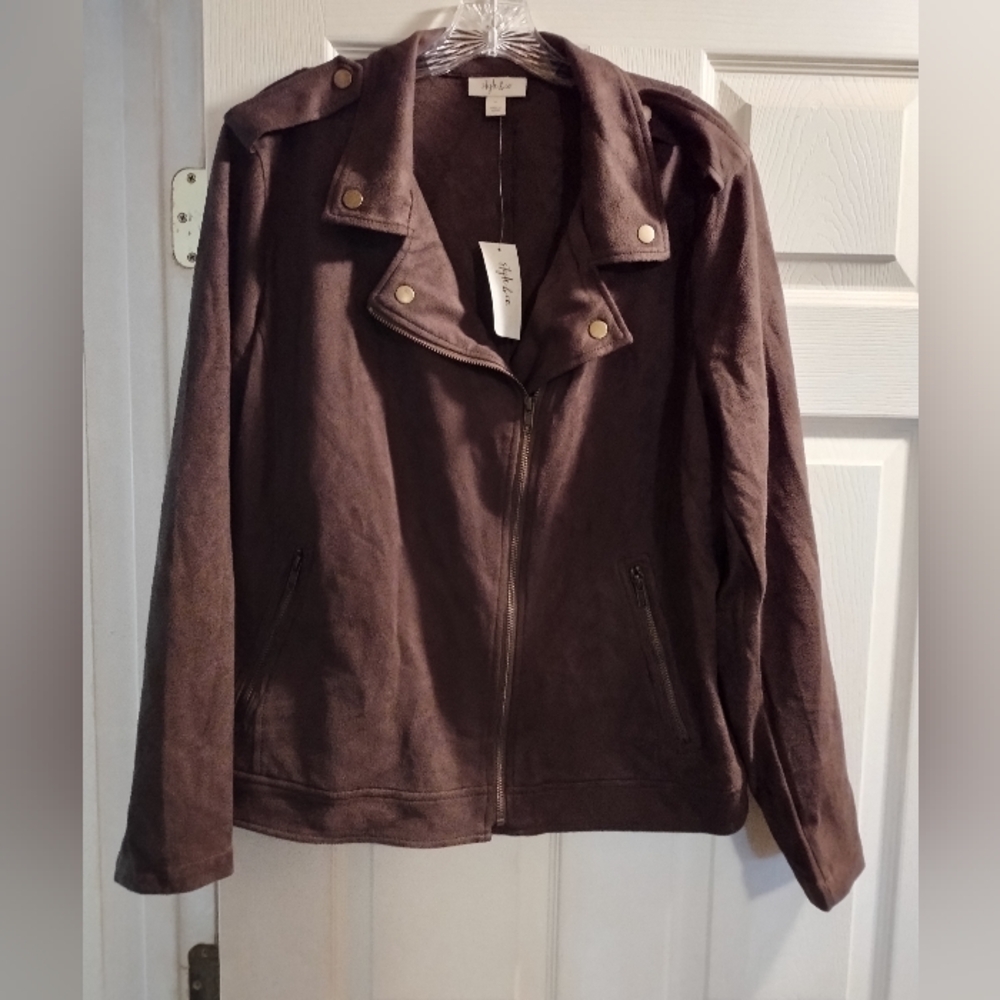NWT Style & Co Women's Beautiful Chocolate Faux Suede Leather Jacket